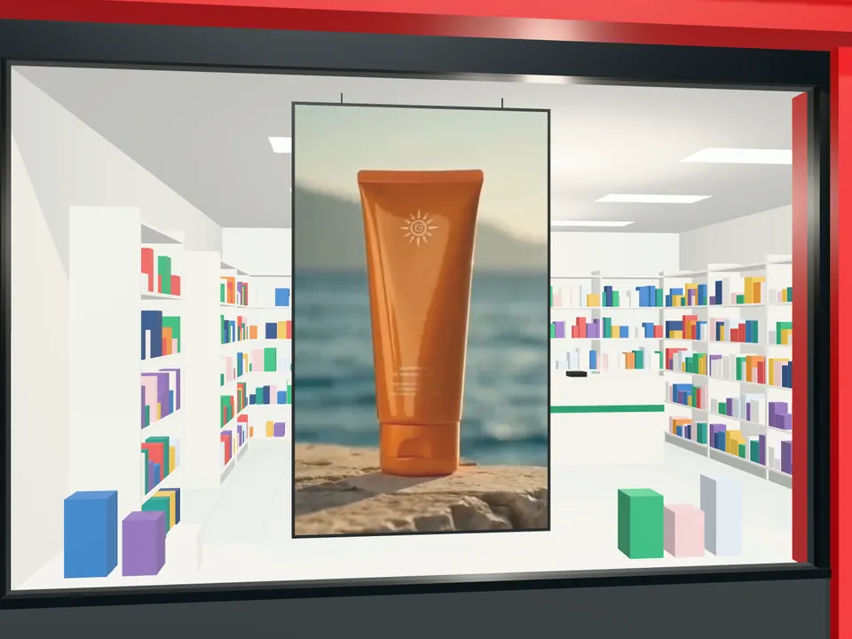 Vitrin camının arkasında asılı dikey LED ekran